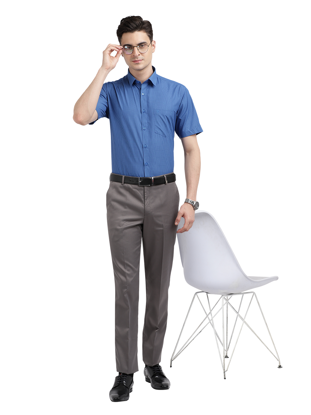 Model wearing Clarke Gable's Blue Checked Formal Shirt in a casual setting