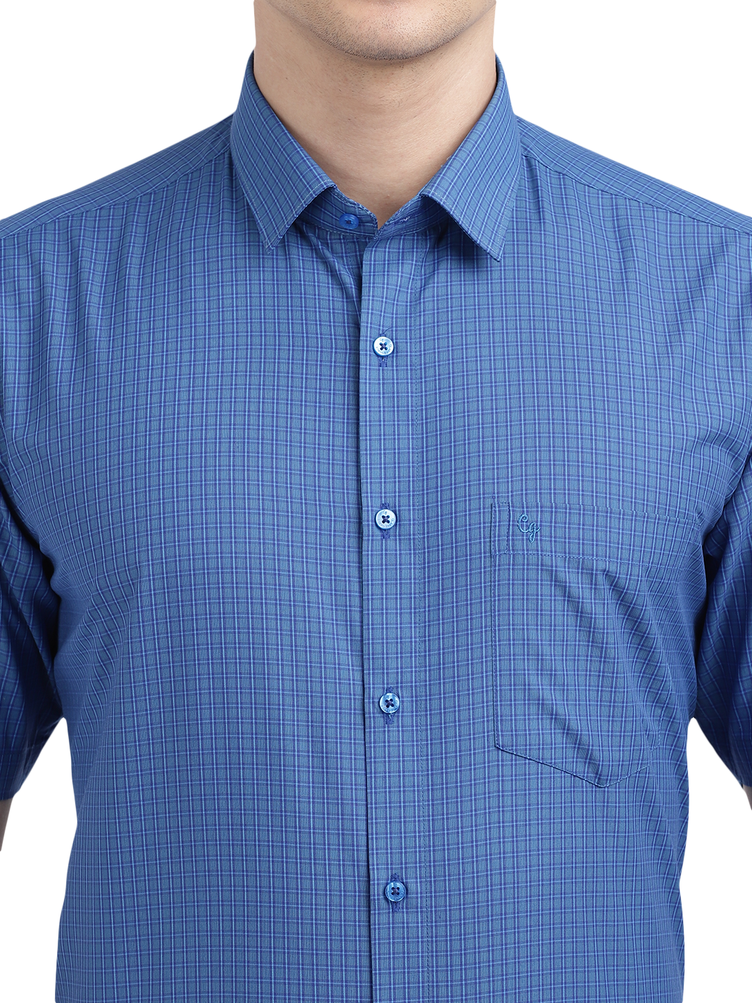 Model wearing Clarke Gable's Blue Checked Formal Shirt in a casual setting