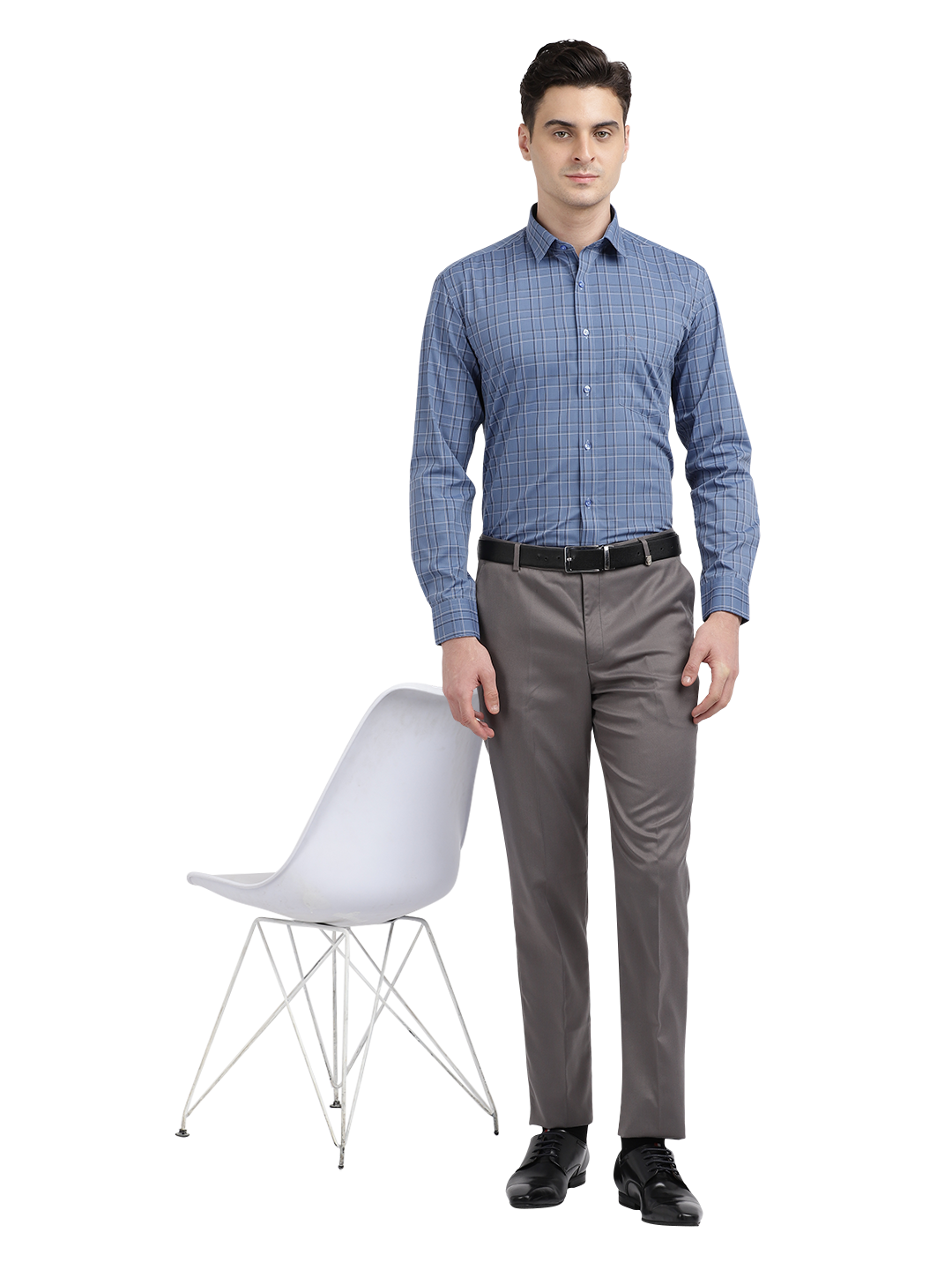 Model wearing Clarke Gable's Blue With Black Checked Formal Shirt in a casual setting