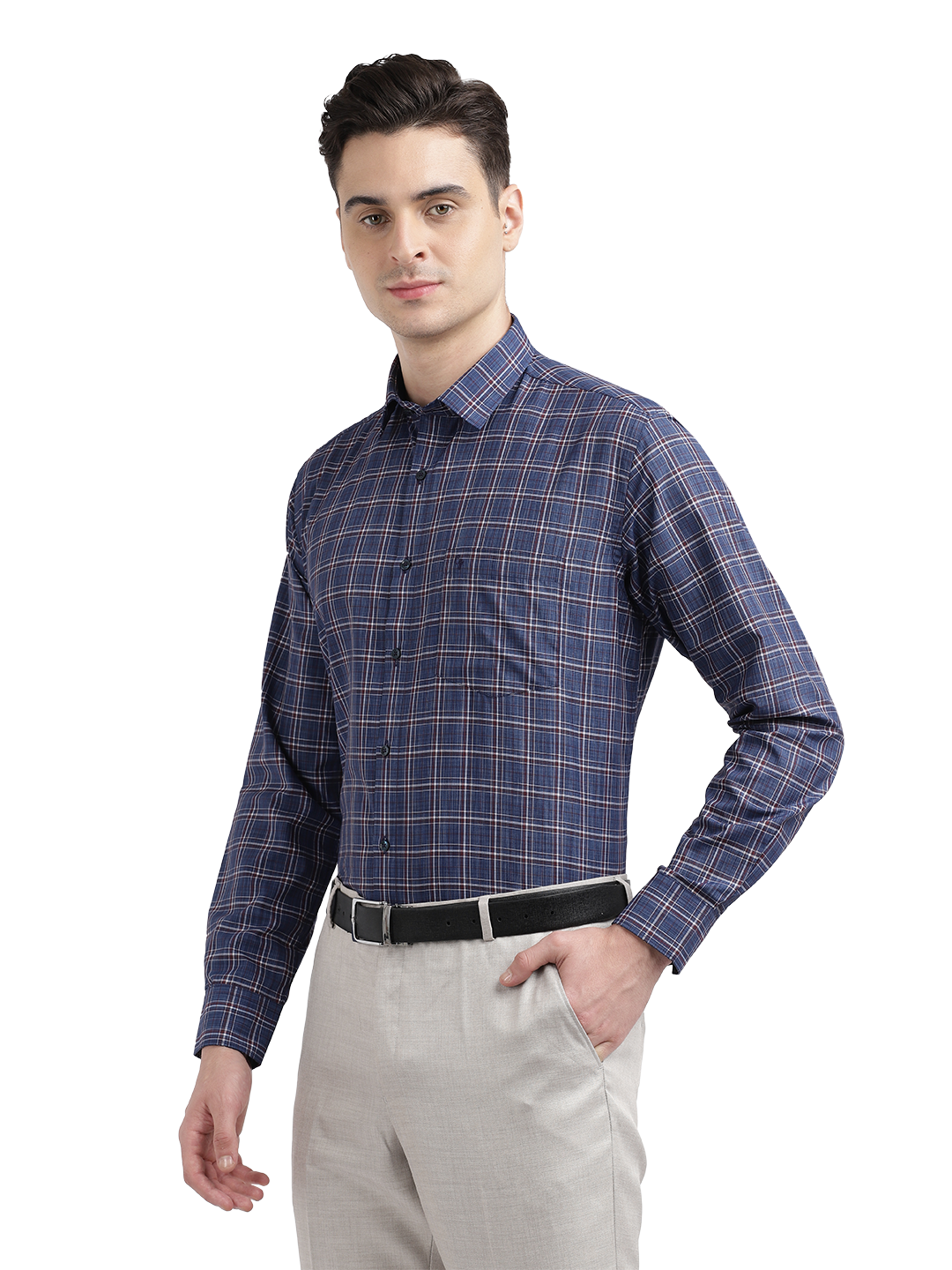 Model wearing Clarke Gable's Blue With Red Checked Formal Shirt in a casual setting