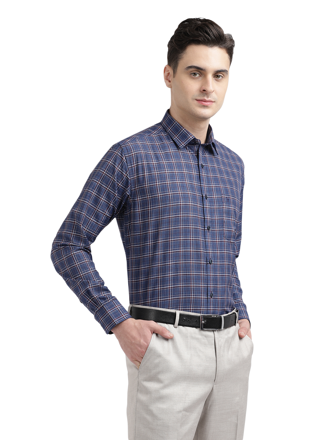 Model wearing Clarke Gable's Blue With Red Checked Formal Shirt in a casual setting