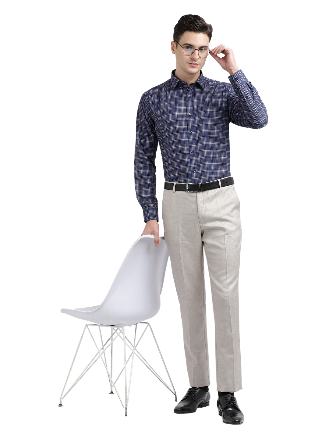 Model wearing Clarke Gable's Blue With Red Checked Formal Shirt in a casual setting