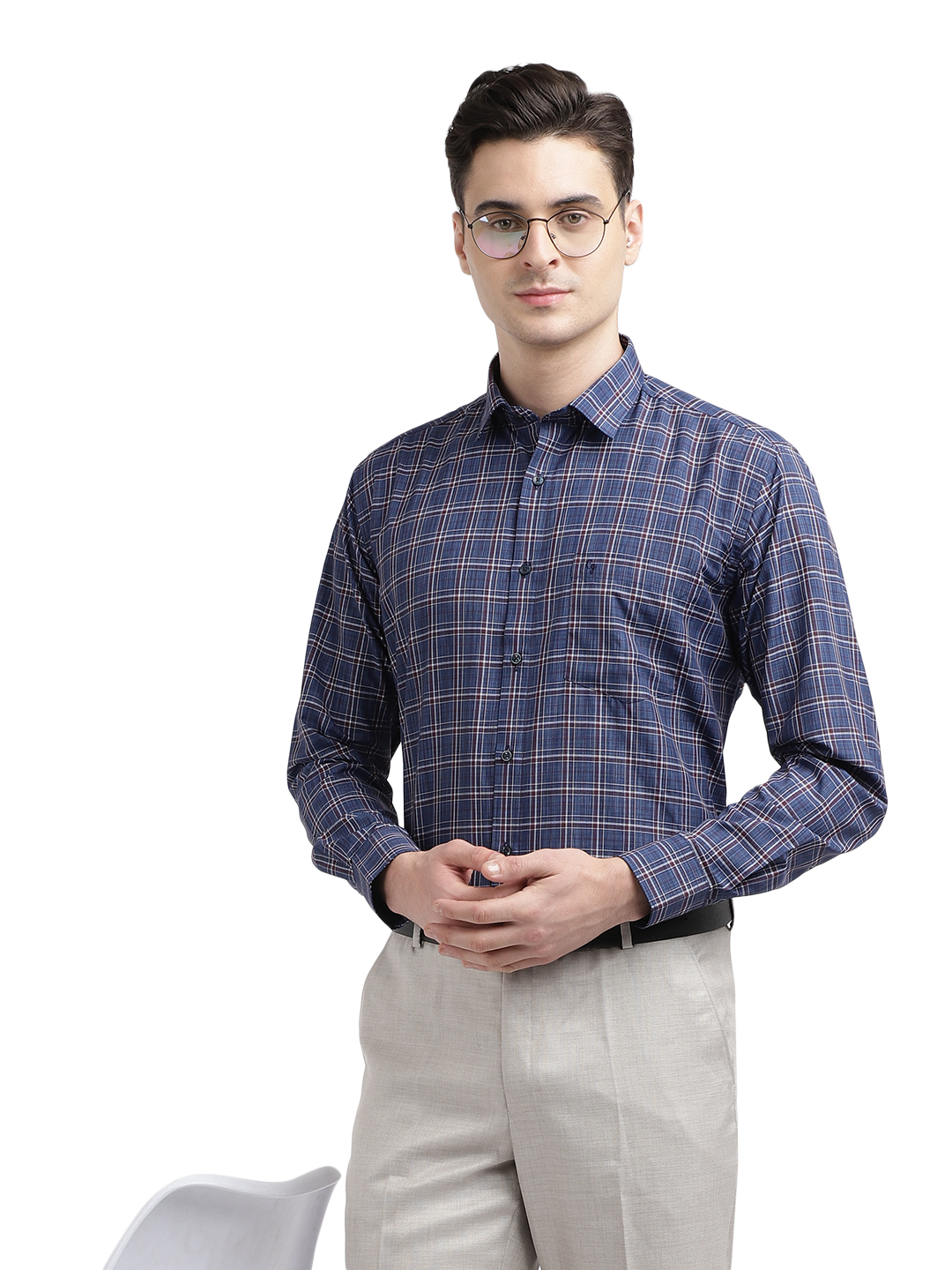 Model wearing Clarke Gable's Blue With Red Checked Formal Shirt in a casual setting