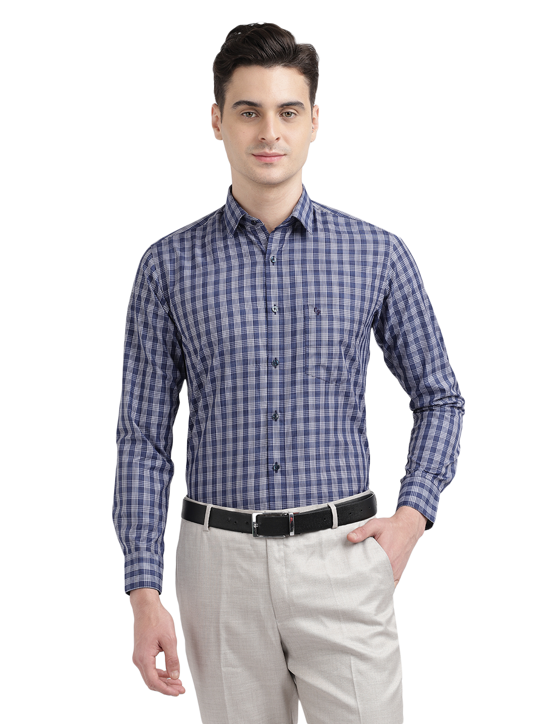 Model wearing Clarke Gable's Blue With White Checked Formal Shirt in a casual setting
