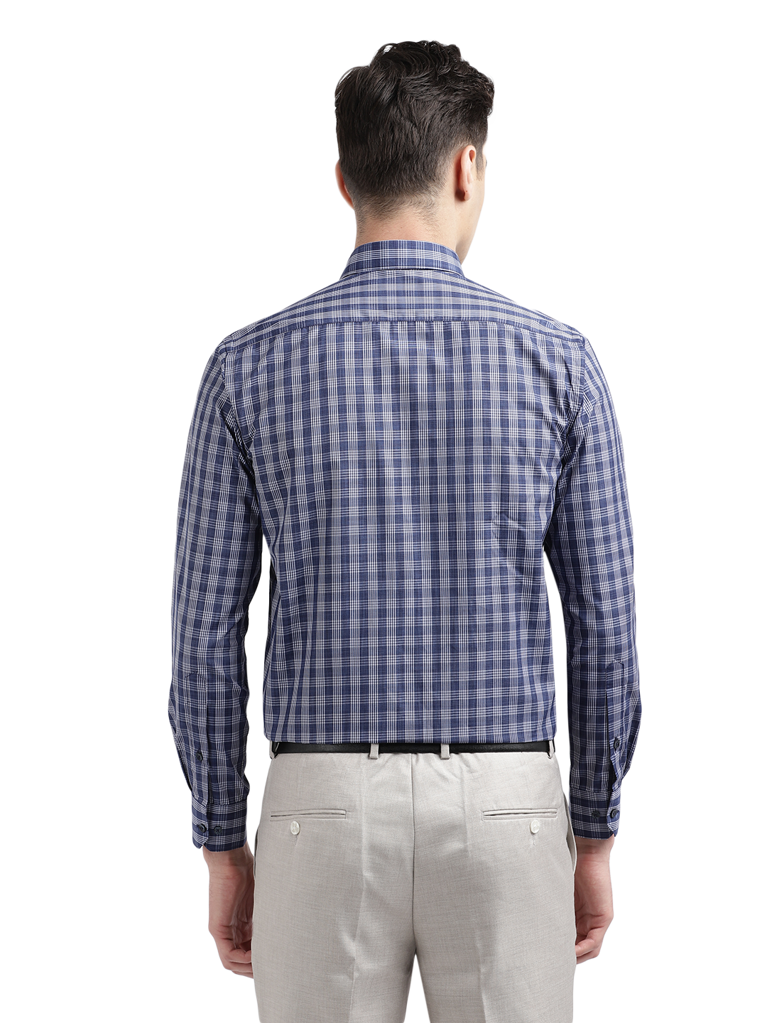 Model wearing Clarke Gable's Blue With White Checked Formal Shirt in a casual setting