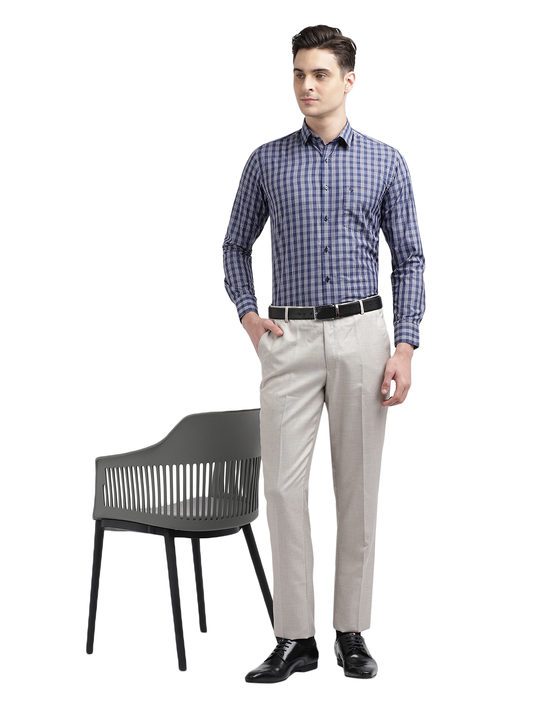 Model wearing Clarke Gable's Blue With White Checked Formal Shirt in a casual setting