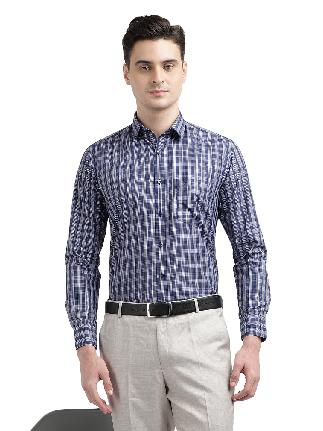 Model wearing Clarke Gable's Blue With White Checked Formal Shirt in a casual setting