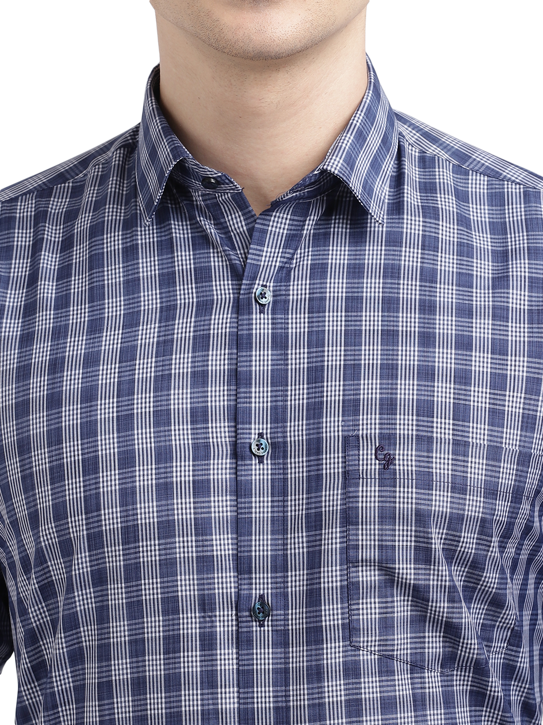 Model wearing Clarke Gable's Blue With White Checked Formal Shirt in a casual setting