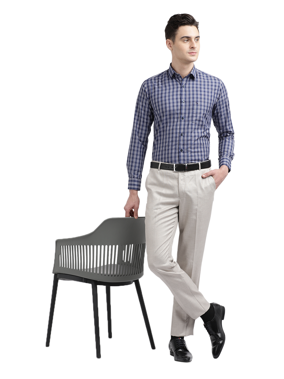 Model wearing Clarke Gable's Blue With White Checked Formal Shirt in a casual setting