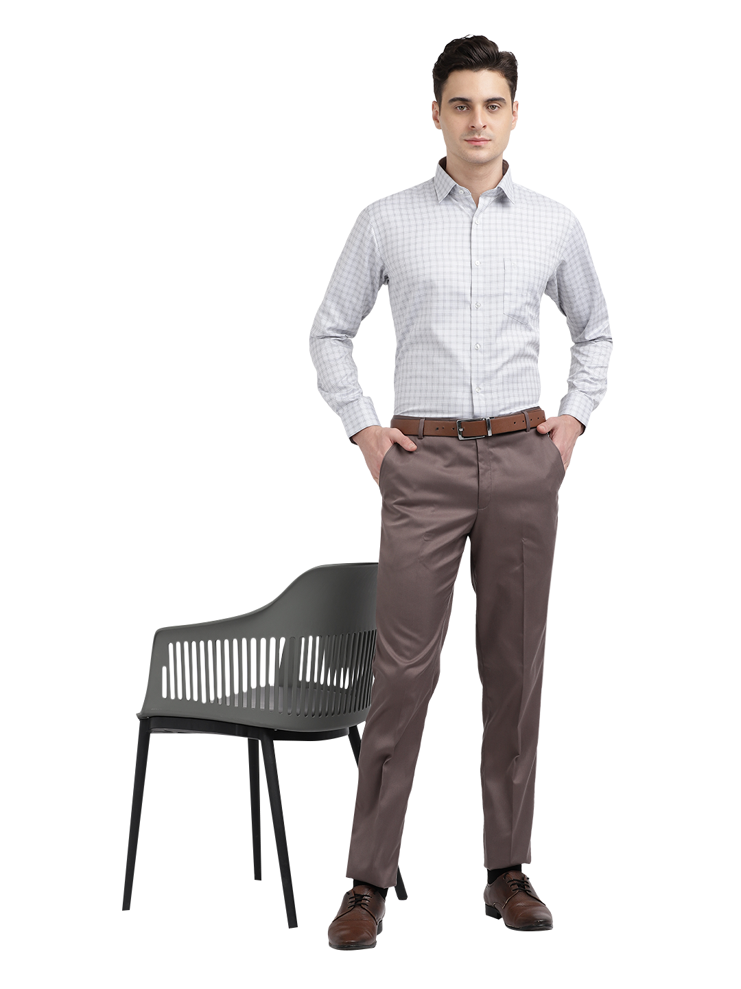 Model wearing Clarke Gable's Brown Casual Fit Trousers in a casual setting