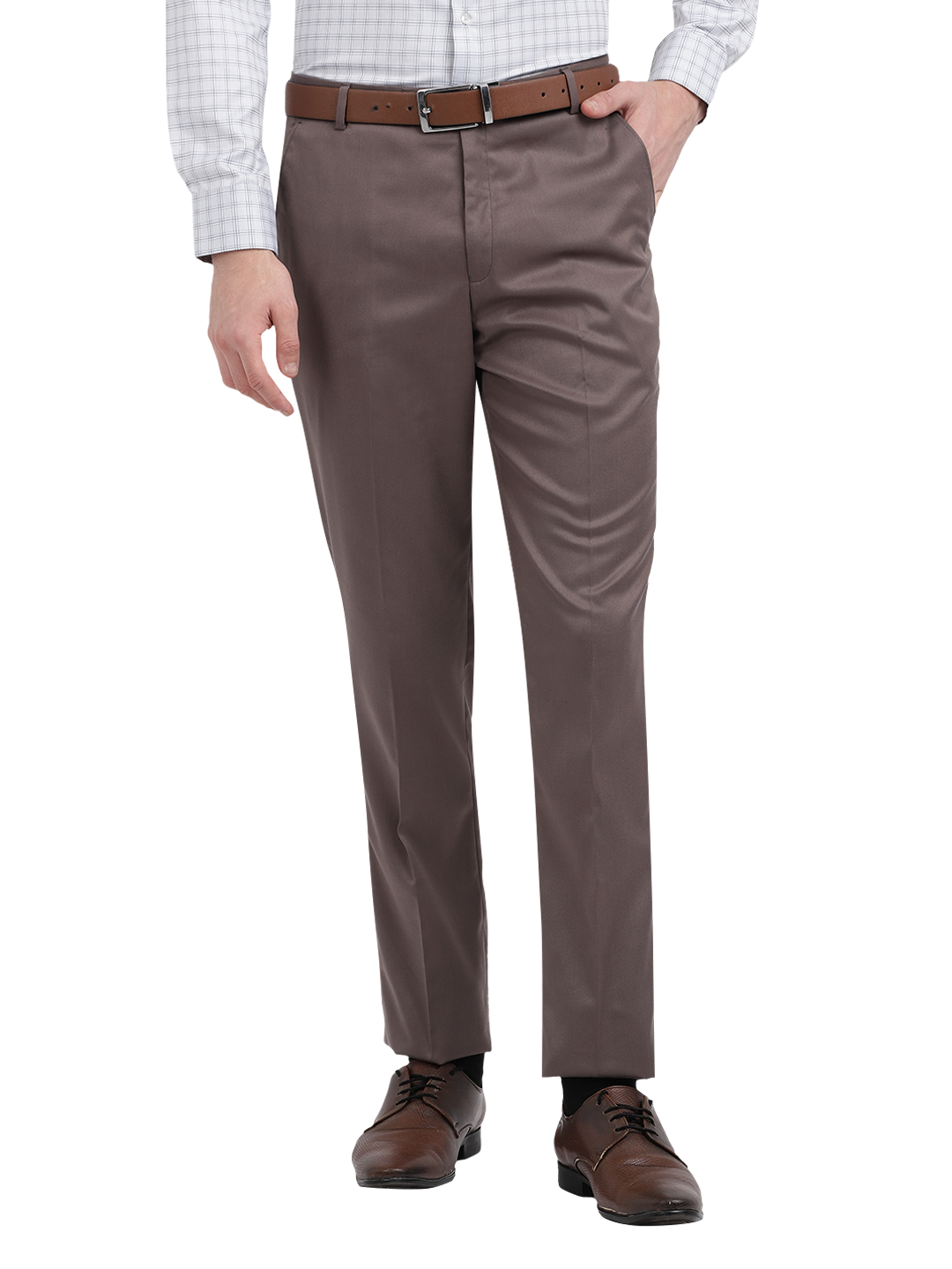 Model wearing Clarke Gable's Brown Casual Fit Trousers in a casual setting