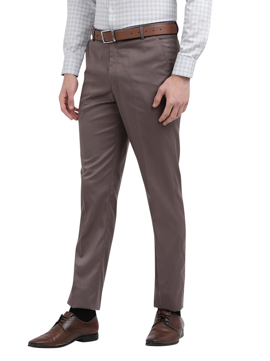 Model wearing Clarke Gable's Brown Casual Fit Trousers in a casual setting
