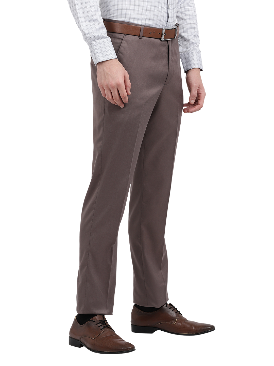 Model wearing Clarke Gable's Brown Casual Fit Trousers in a casual setting