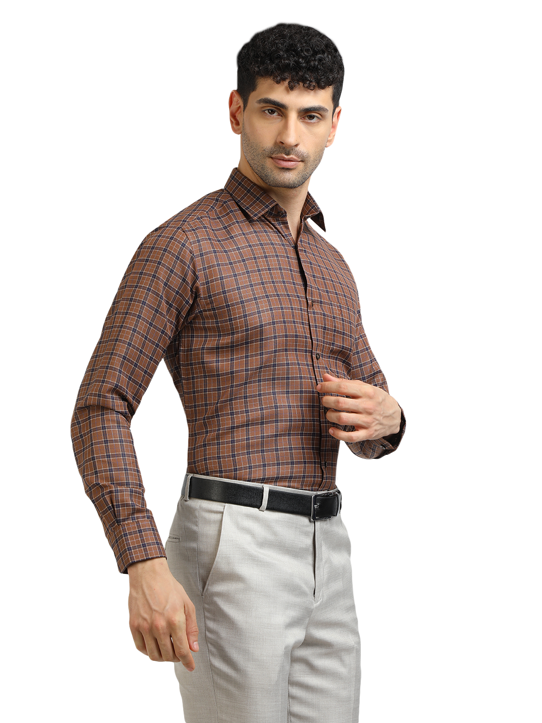 Model wearing Clarke Gable's Brown With Navy Checked Formal Shirt in a casual setting