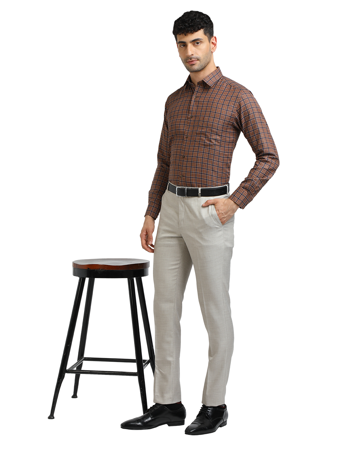 Model wearing Clarke Gable's Brown With Navy Checked Formal Shirt in a casual setting