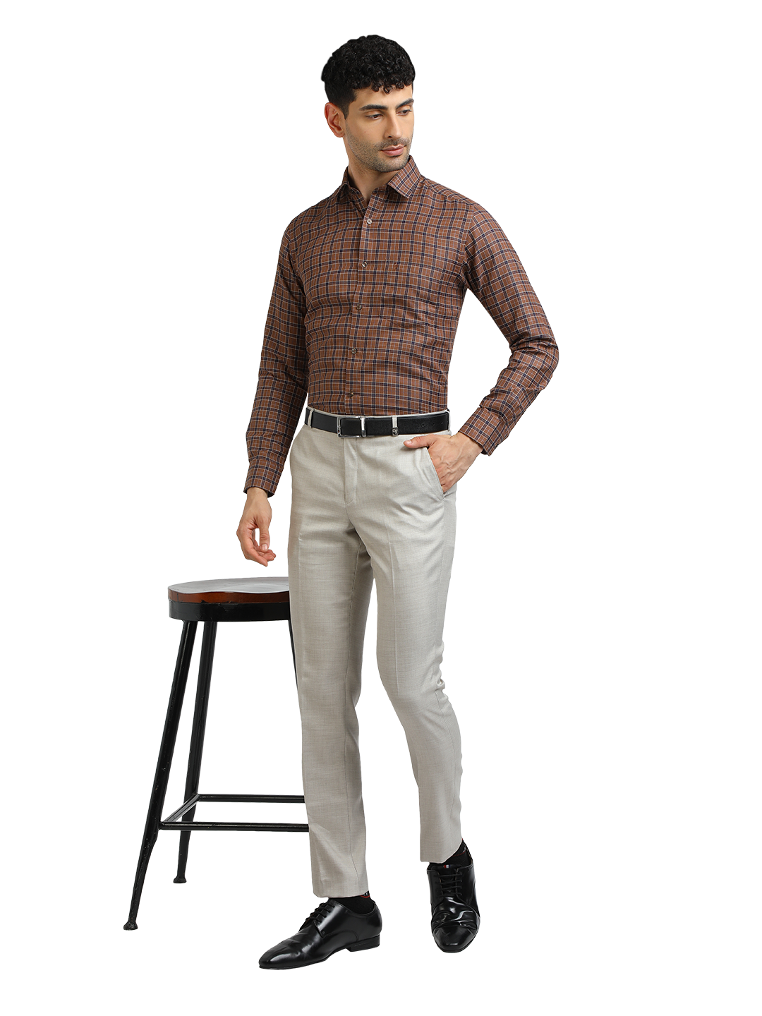 Model wearing Clarke Gable's Brown With Navy Checked Formal Shirt in a casual setting