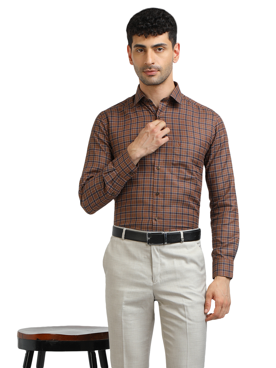 Model wearing Clarke Gable's Brown With Navy Checked Formal Shirt in a casual setting