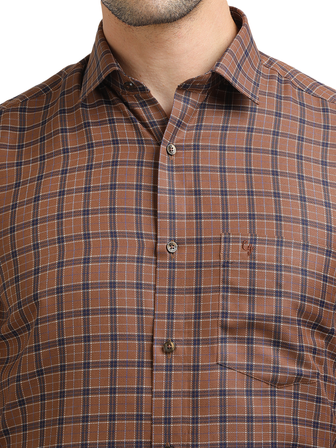 Model wearing Clarke Gable's Brown With Navy Checked Formal Shirt in a casual setting