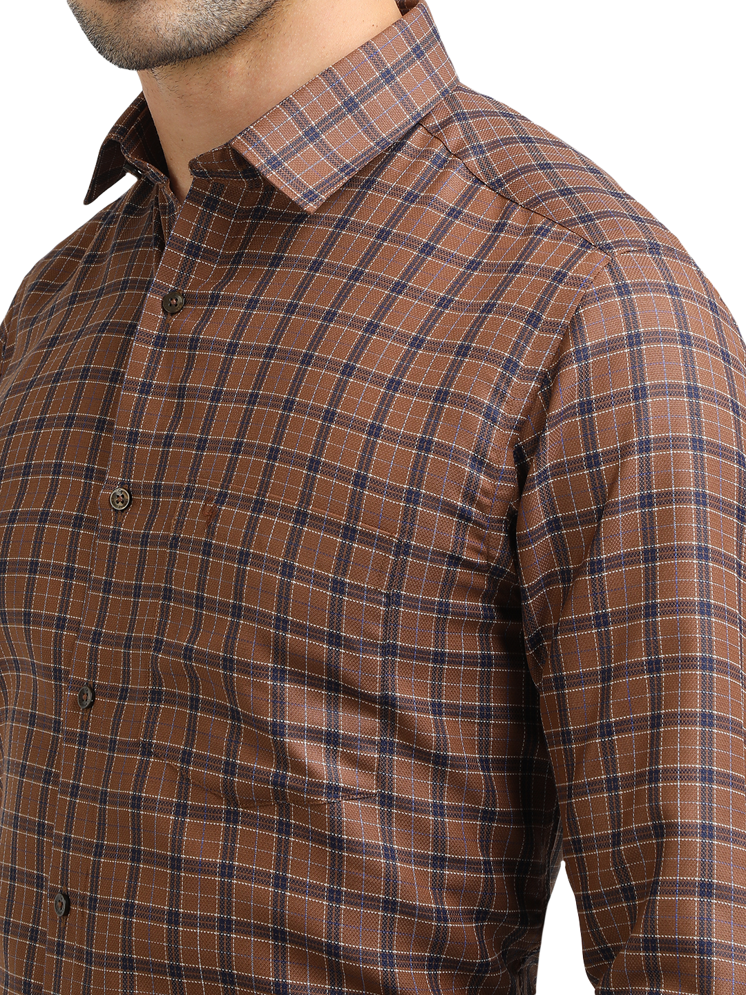 Model wearing Clarke Gable's Brown With Navy Checked Formal Shirt in a casual setting