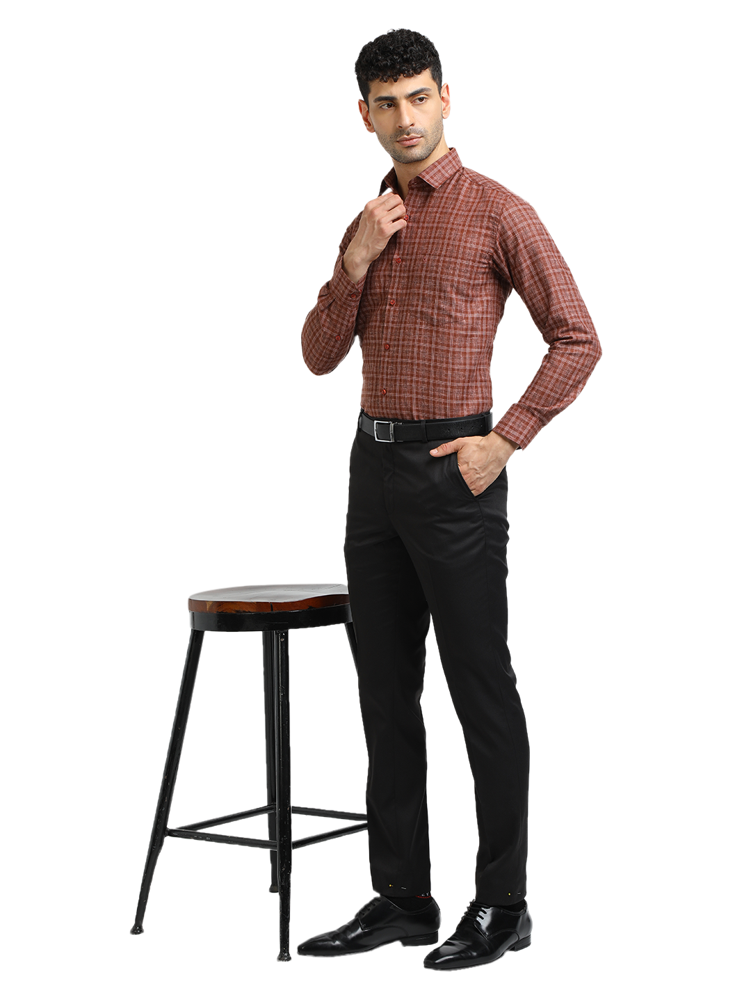 Model wearing Clarke Gable's Brown With White Checked Formal Shirt in a casual setting