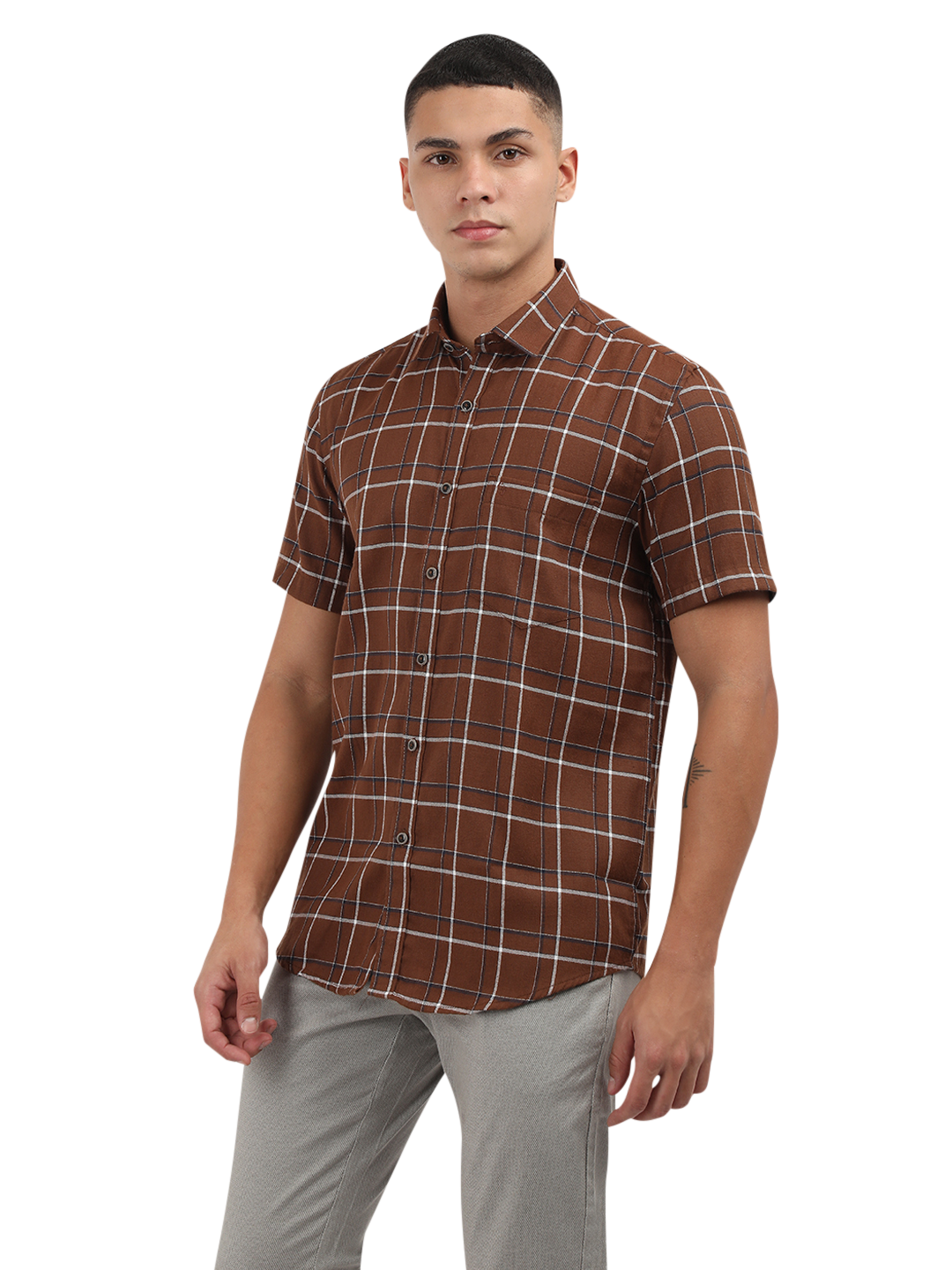 Model wearing Clarke Gable's Brown With White Checked Semi Casual Shirt in a casual setting