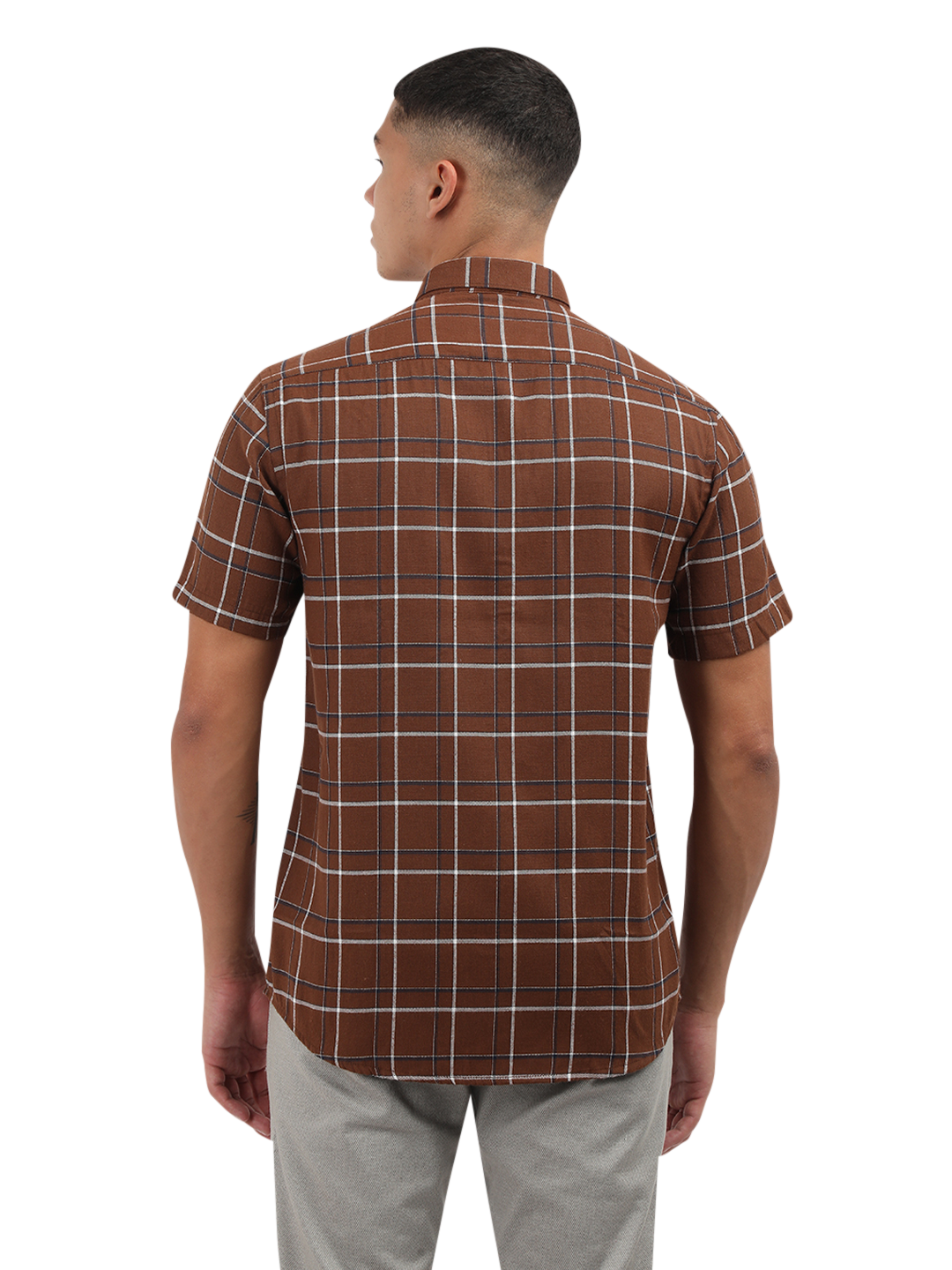 Model wearing Clarke Gable's Brown With White Checked Semi Casual Shirt in a casual setting