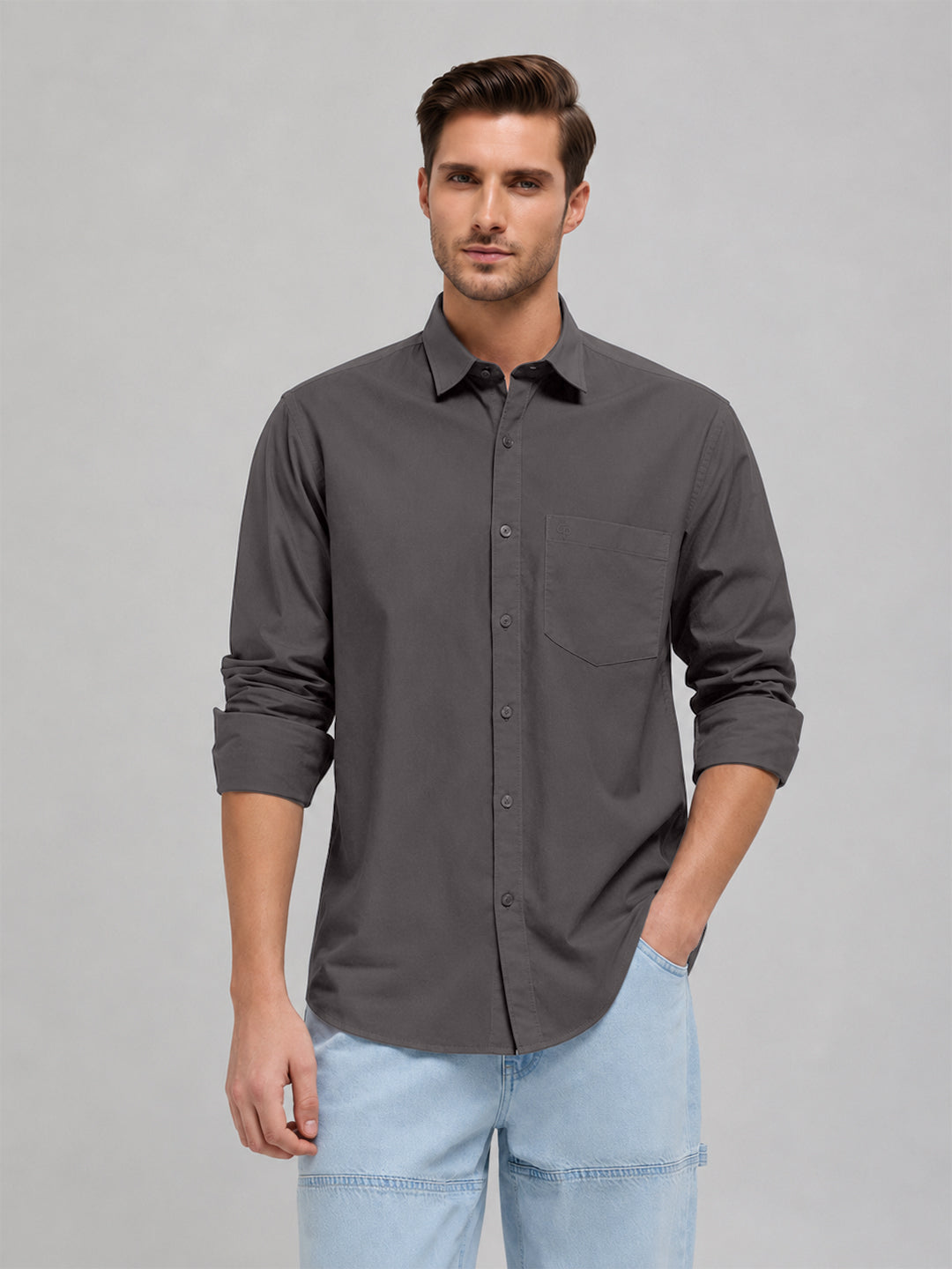 Dim Gray Plain Casual Shirt