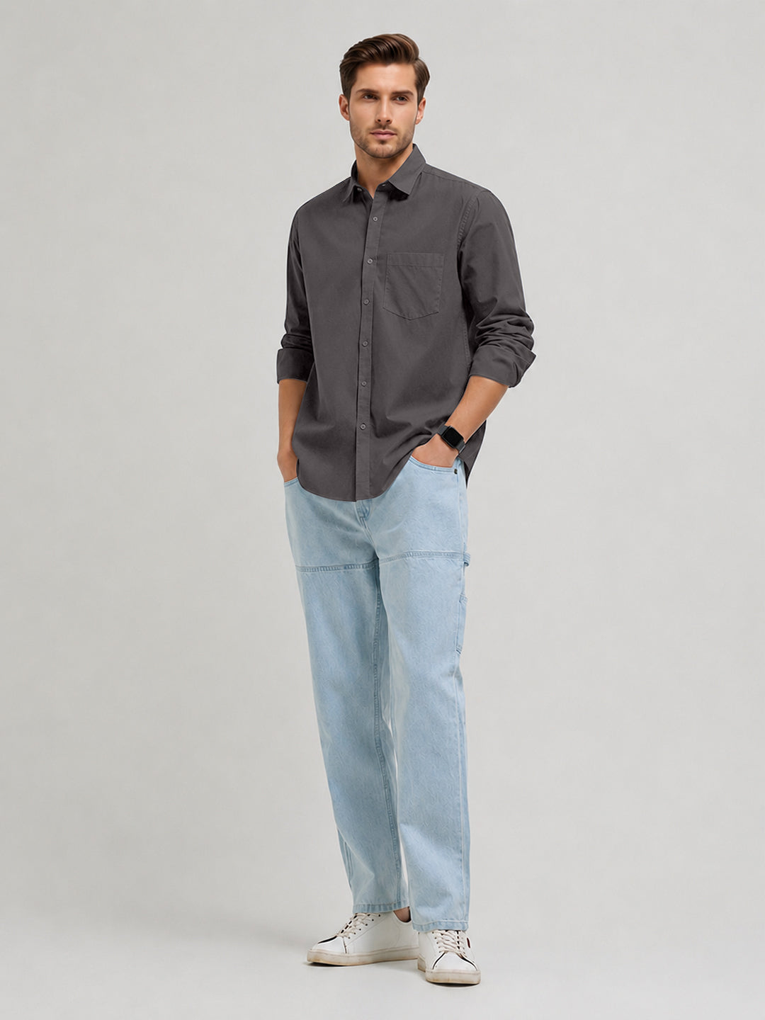 Dim Gray Plain Casual Shirt
