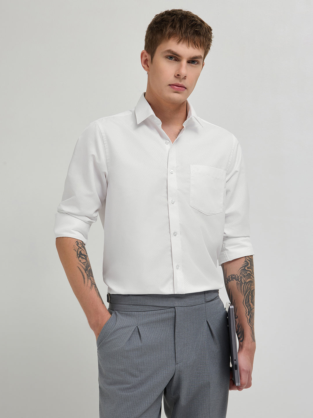 Pearl White Textured Formal Shirt
