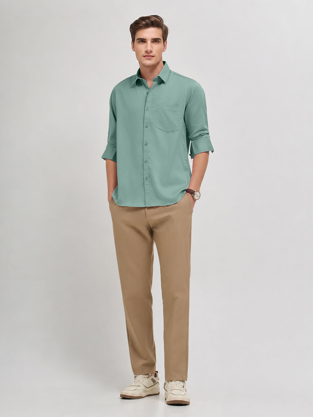Muted Green Plain Casual Shirt