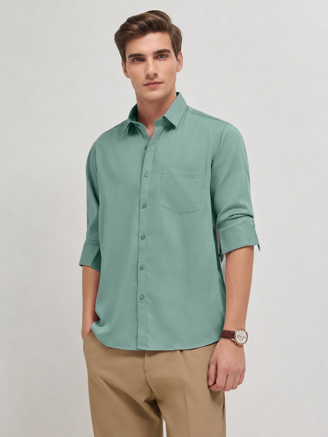 Muted Green Plain Casual Shirt