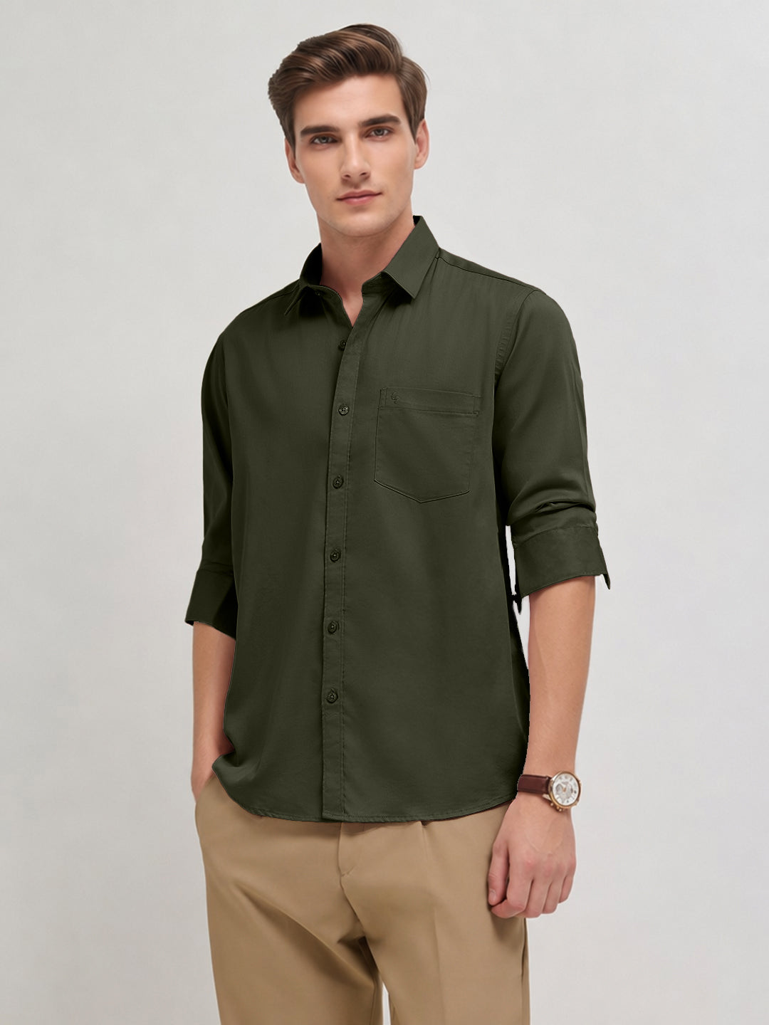 Pine Green Plain Casual Shirt
