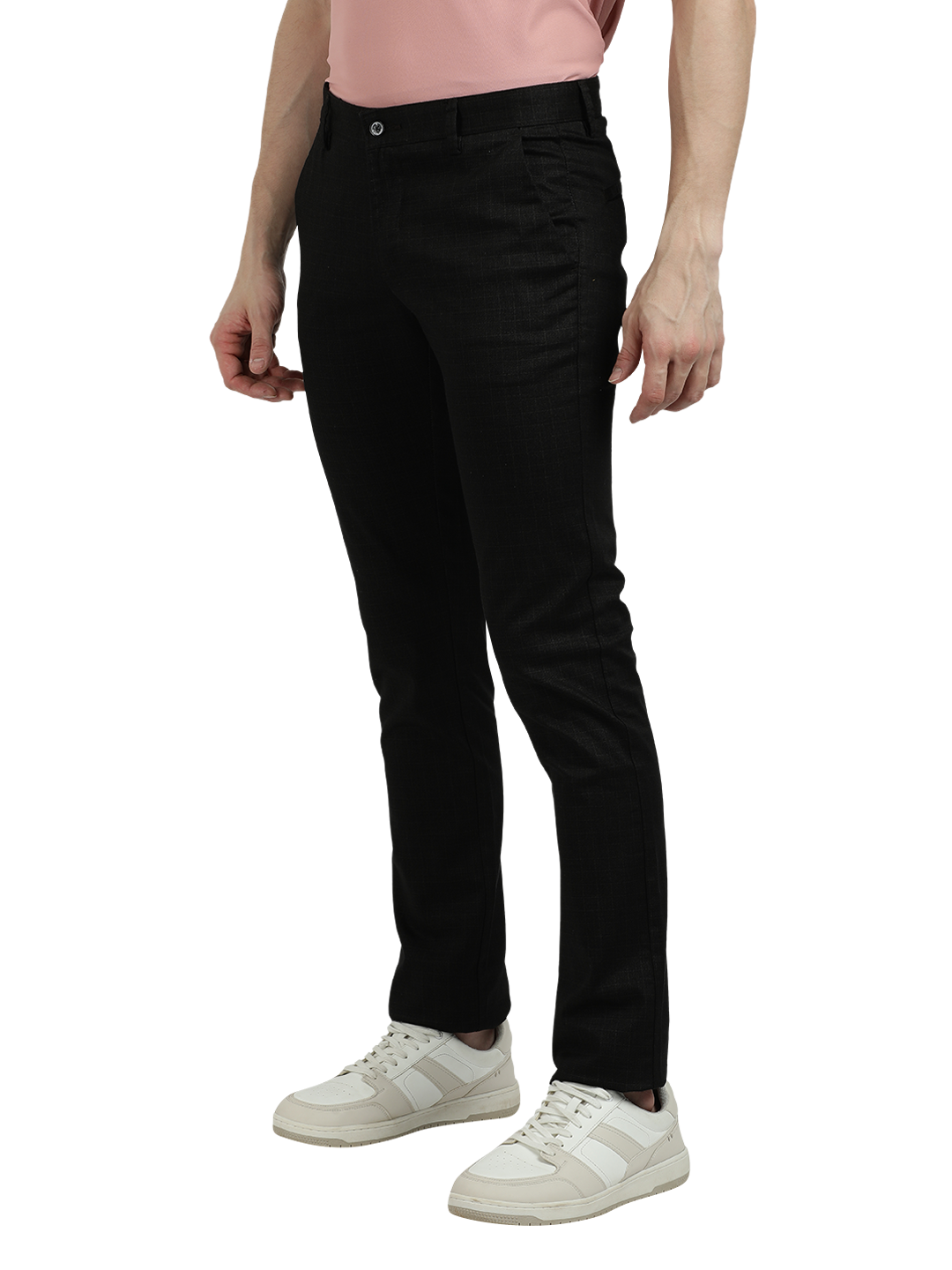 Model wearing Clarke Gable's Black Trim Fit Trousers in a casual setting