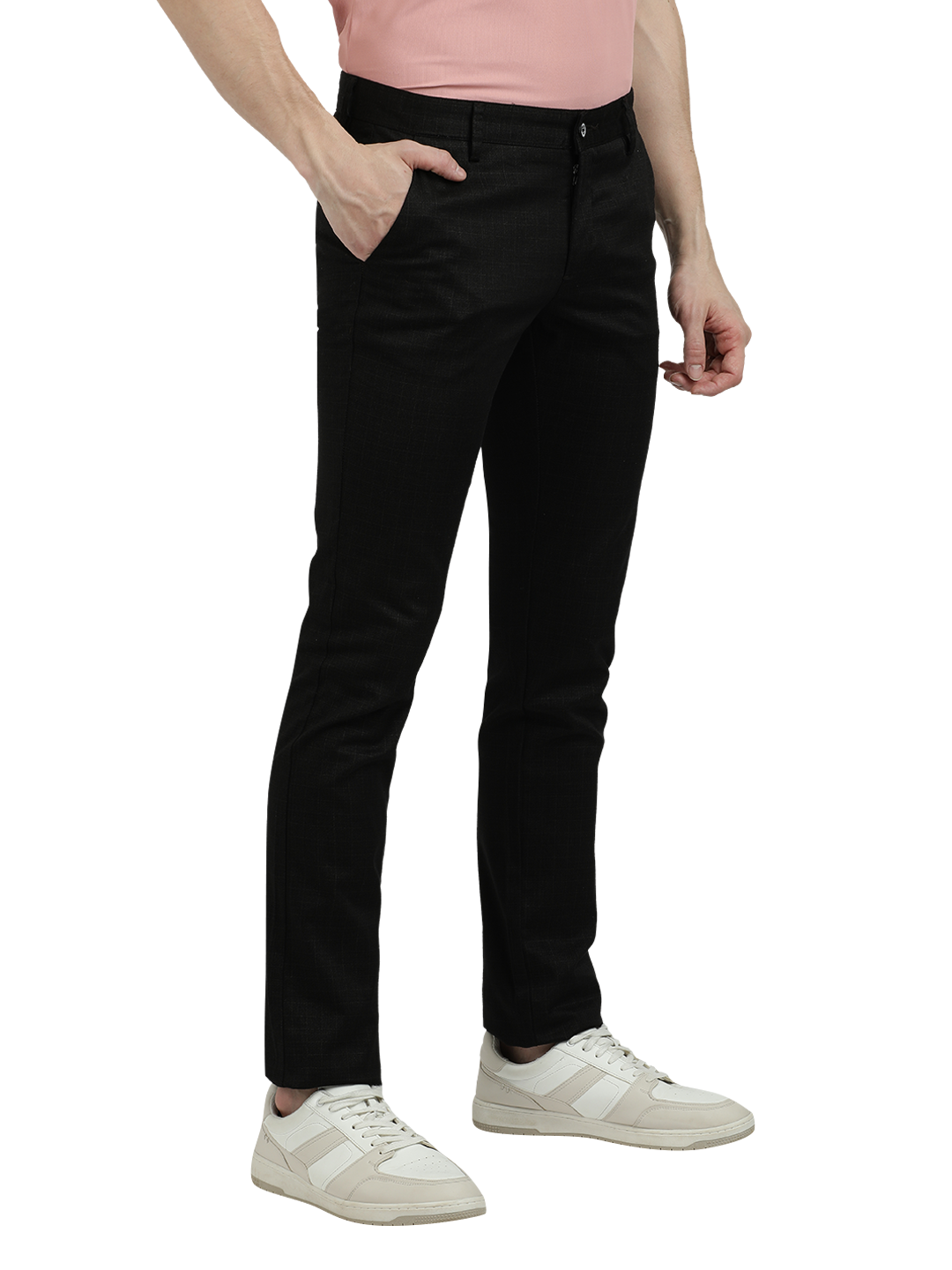 Model wearing Clarke Gable's Black Trim Fit Trousers in a casual setting