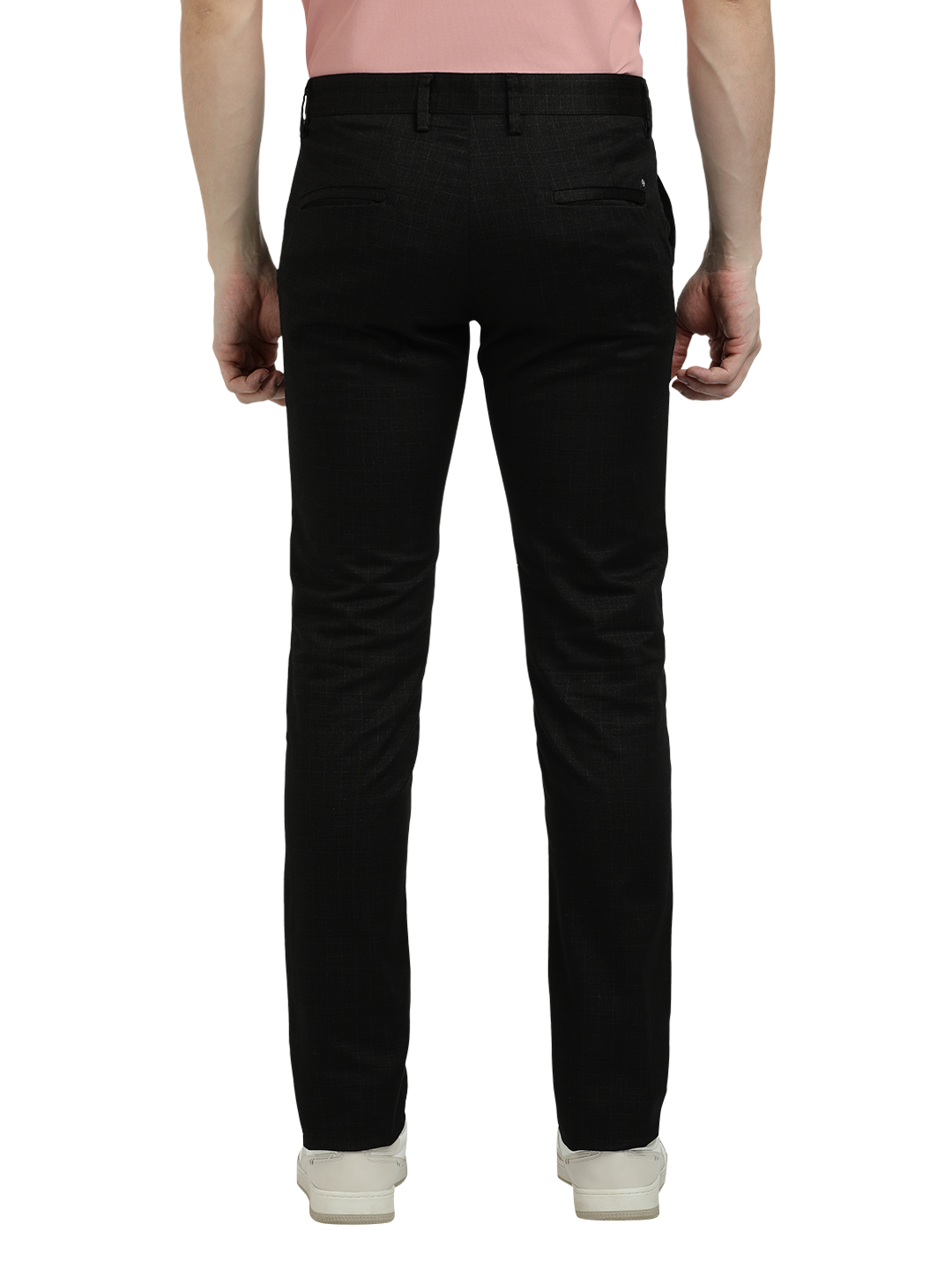 Model wearing Clarke Gable's Black Trim Fit Trousers in a casual setting