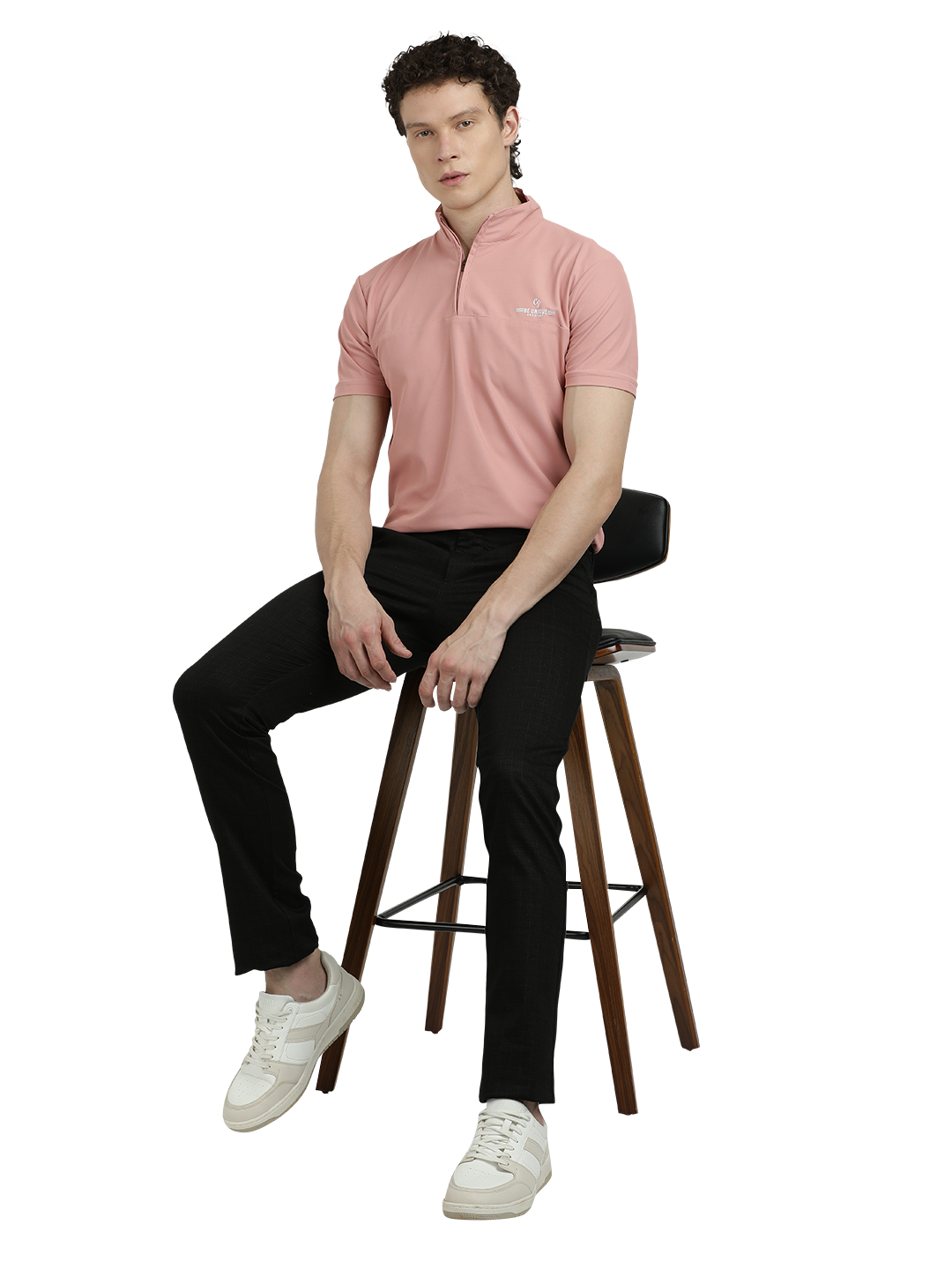 Model wearing Clarke Gable's Black Trim Fit Trousers in a casual setting