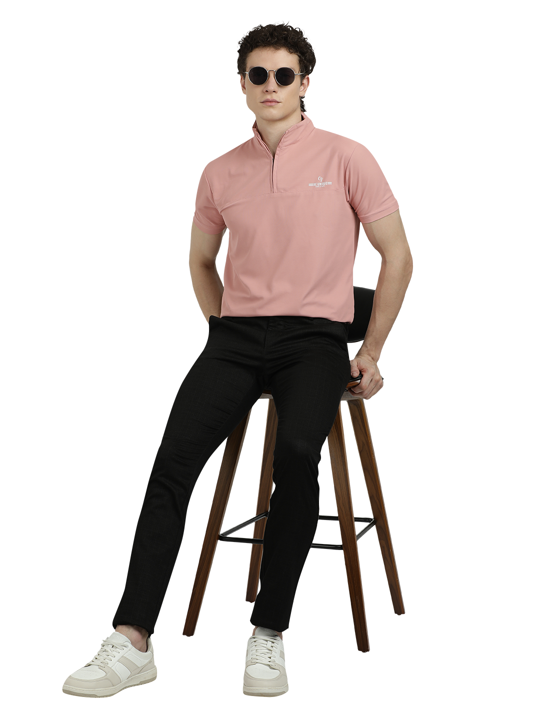 Model wearing Clarke Gable's Black Trim Fit Trousers in a casual setting