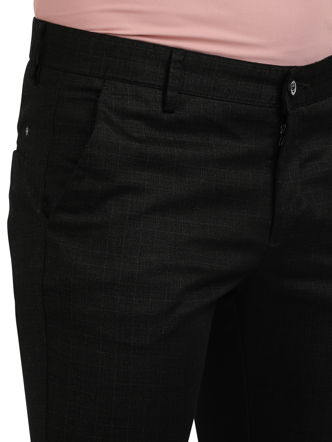 Model wearing Clarke Gable's Black Trim Fit Trousers in a casual setting