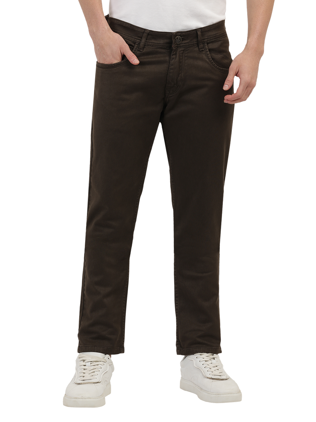 Model wearing Clarke Gable's Coolmax Coffee Skinny Fit Jeans in a casual setting