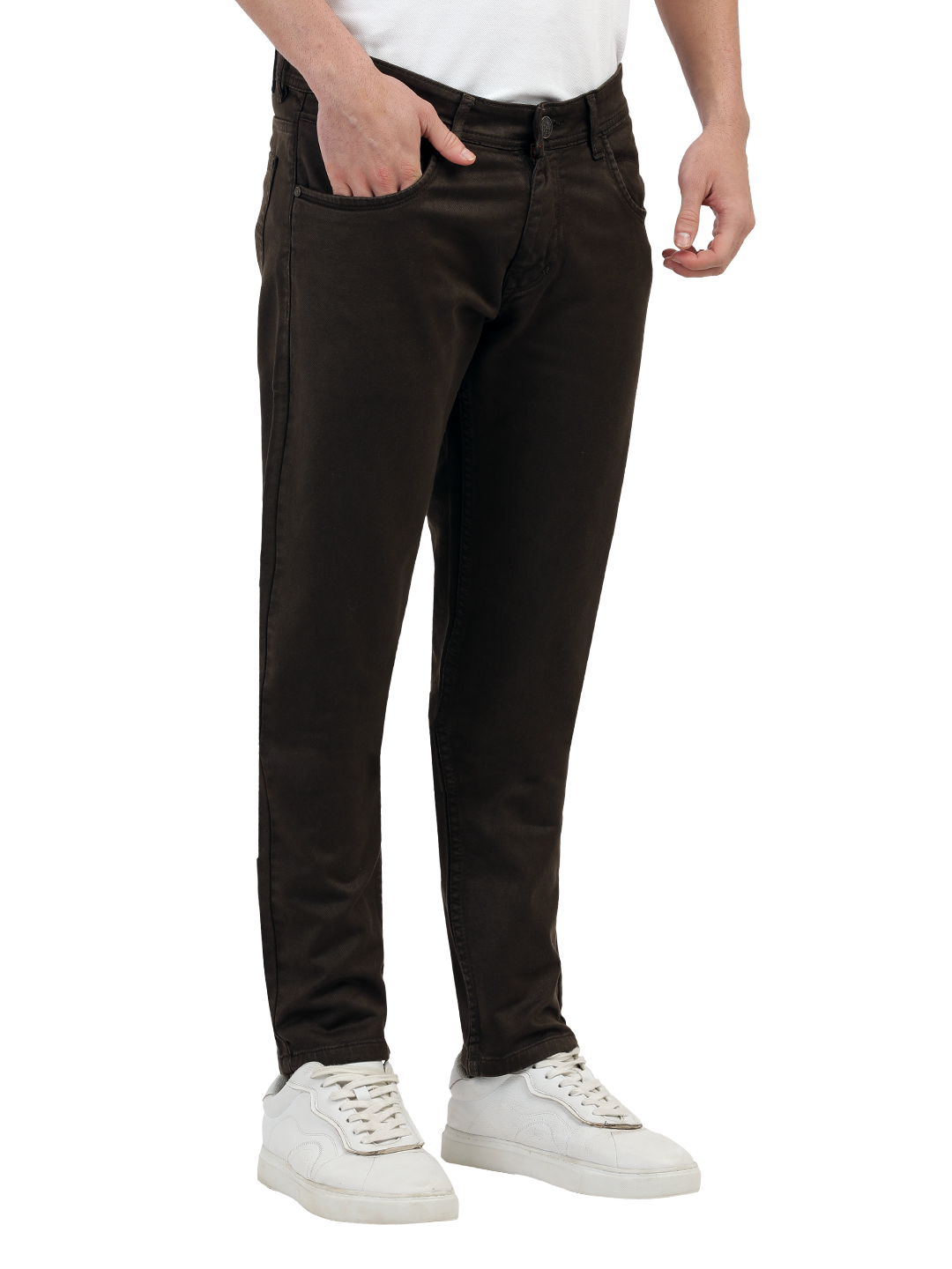 Model wearing Clarke Gable's Coolmax Coffee Skinny Fit Jeans in a casual setting