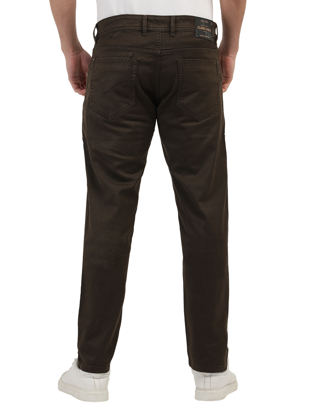 Model wearing Clarke Gable's Coolmax Coffee Skinny Fit Jeans in a casual setting