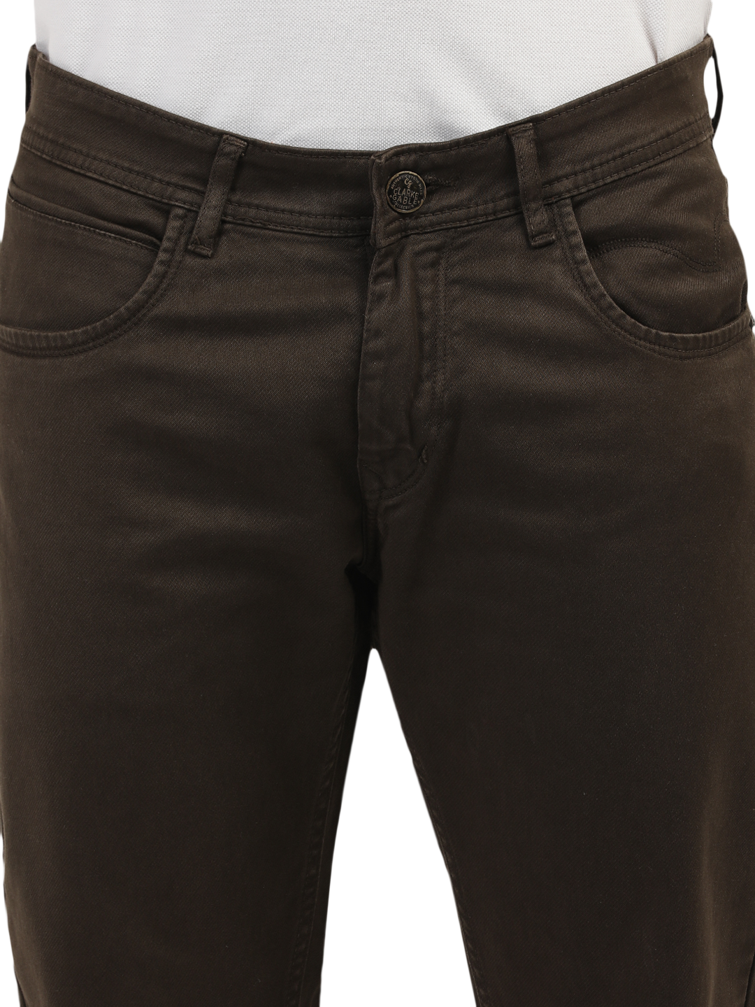 Model wearing Clarke Gable's Coolmax Coffee Skinny Fit Jeans in a casual setting