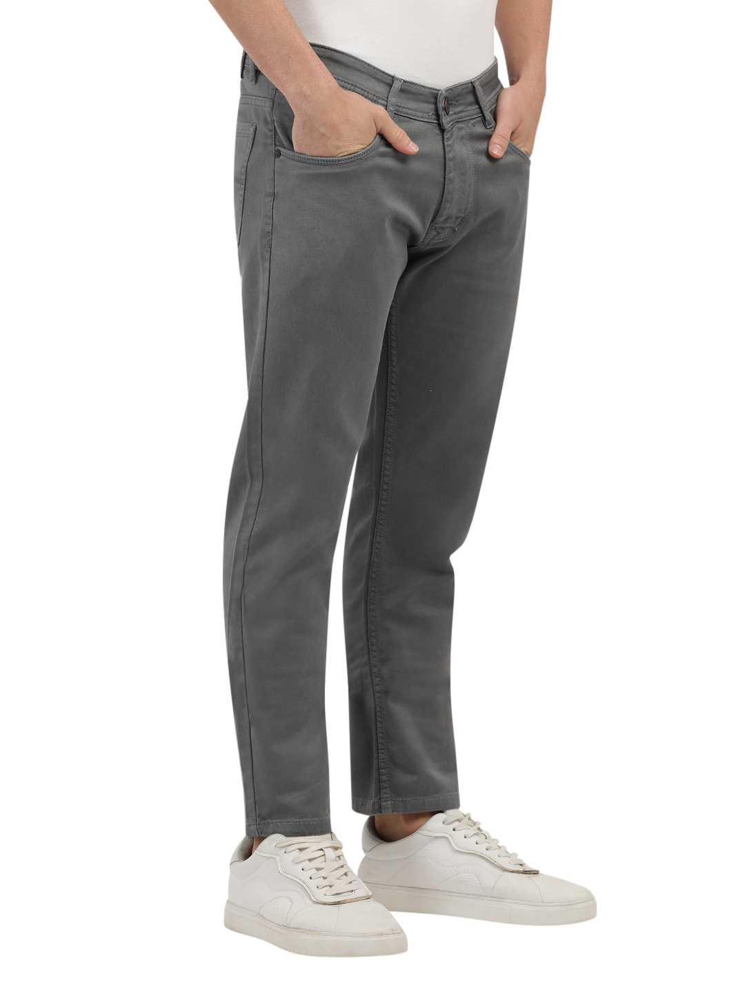 Model wearing Clarke Gable's Coolmax Grey Skinny Fit Jeans in a casual setting