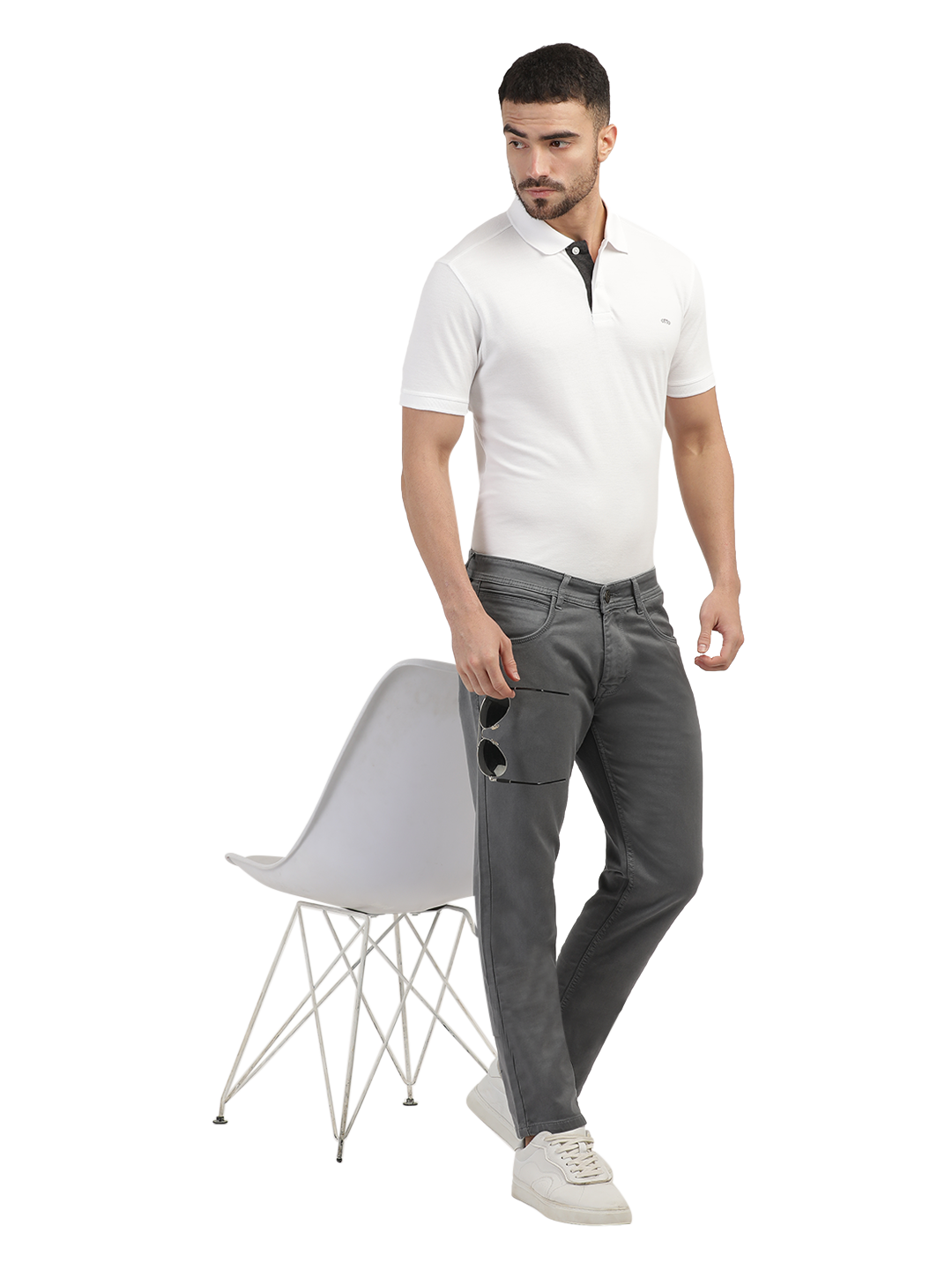 Model wearing Clarke Gable's Coolmax Grey Skinny Fit Jeans in a casual setting