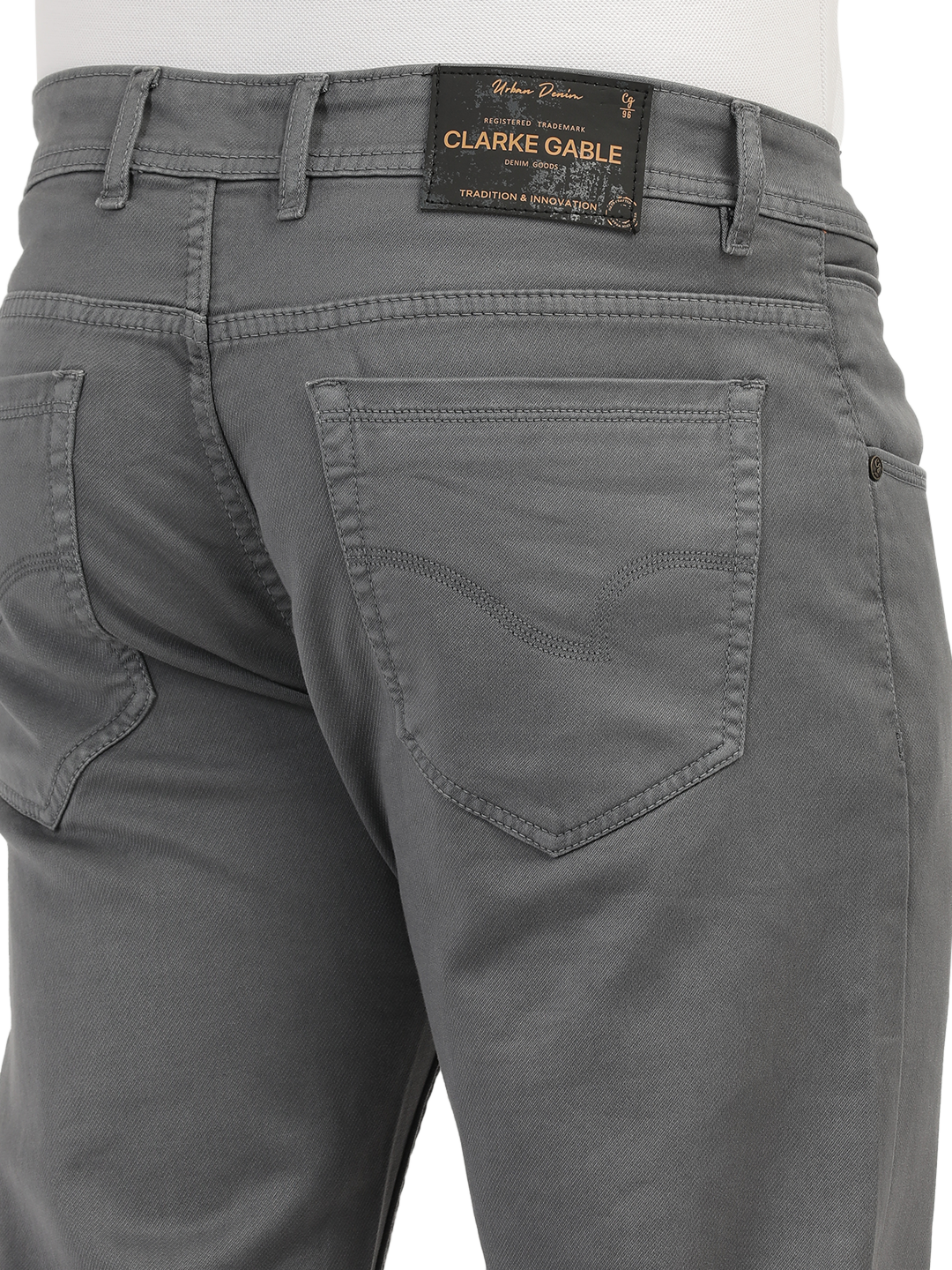 Model wearing Clarke Gable's Coolmax Grey Skinny Fit Jeans in a casual setting