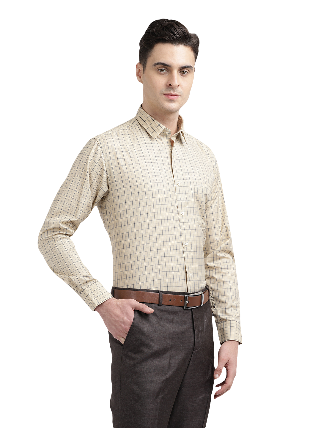 Model wearing Clarke Gable's Cream Checked Formal Shirt in a casual setting