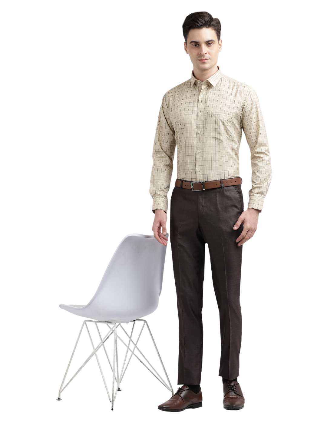 Model wearing Clarke Gable's Cream Checked Formal Shirt in a casual setting