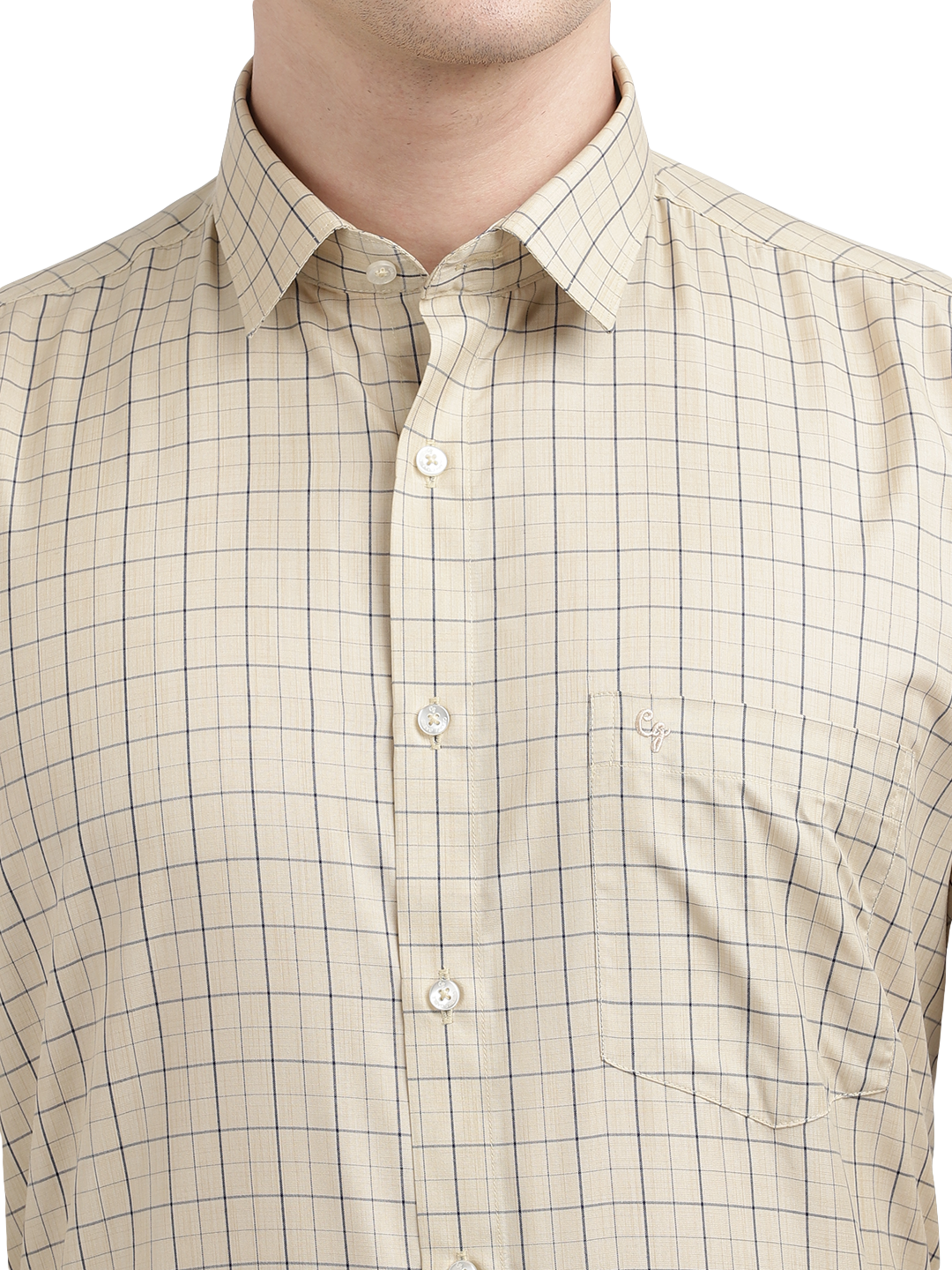 Model wearing Clarke Gable's Cream Checked Formal Shirt in a casual setting