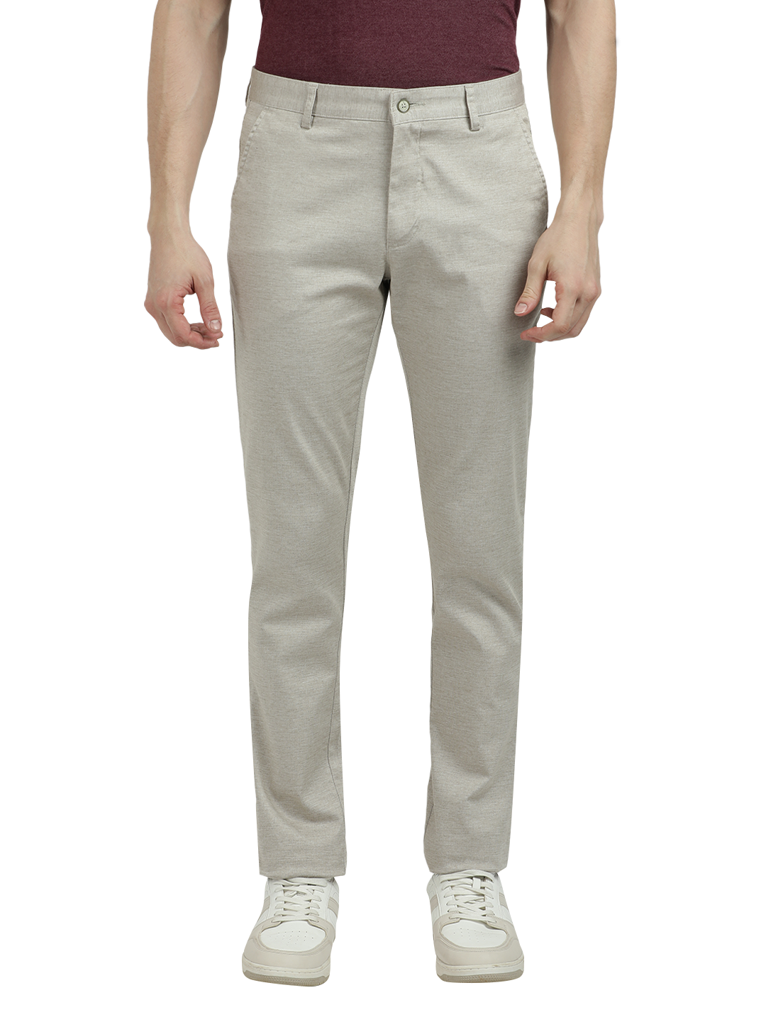 Model wearing Clarke Gable's Cream Custom Fit Trousers in a casual setting