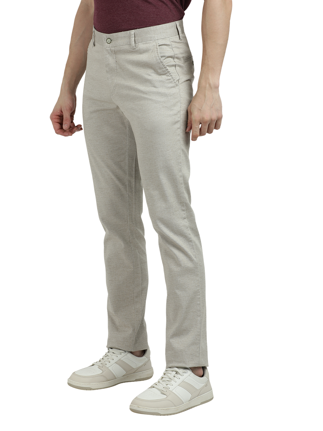 Model wearing Clarke Gable's Cream Custom Fit Trousers in a casual setting